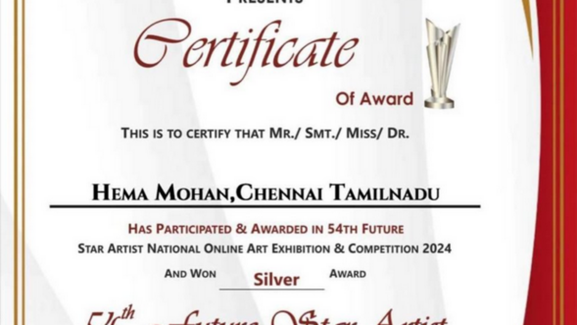 Certificate of Silver Award for Hema Mohan at Manikarnika Art Gallery 54th Future Star Artist Competition 2024