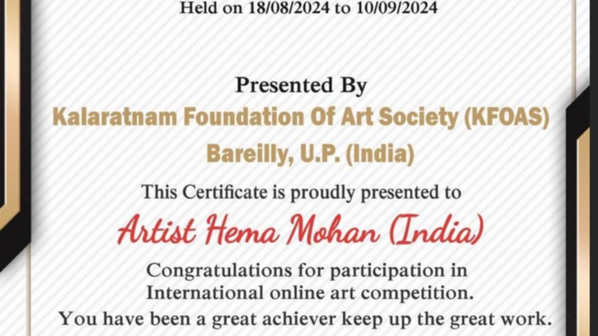 Hema Mohan receives Kalaratnam Award from KFOAS Bareilly Uttar Pradesh India