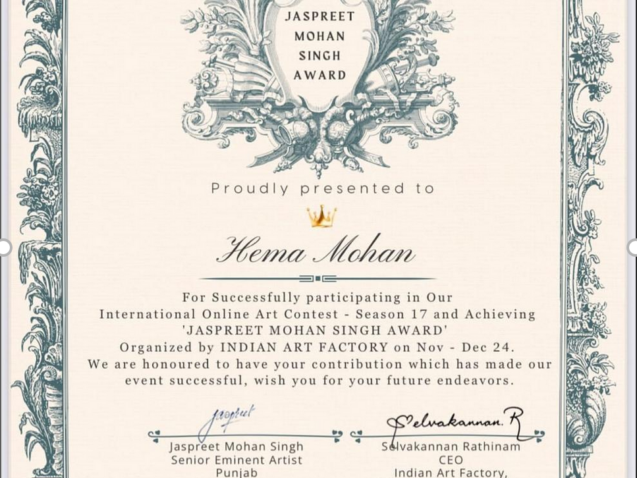 Official Jaspreet Mohan Singh Award certificate issued by Indian Art Factory Nov Dec 2024